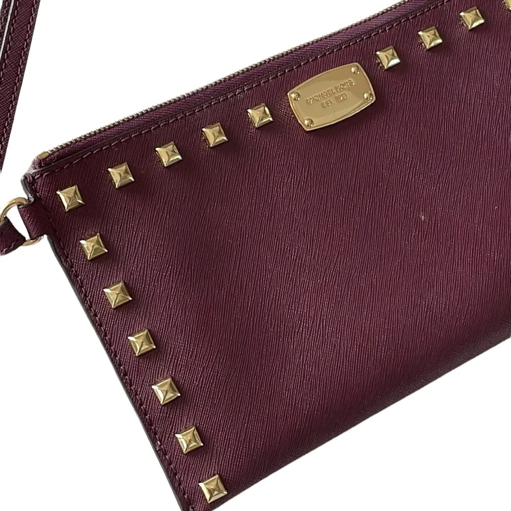 Michael Kors cherry Saffino Leather stud gold pyramid wristlet NWOT